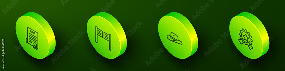 Set Isometric line Declaration of independence, Saloon door, Western cowboy hat and Medal with star icon. Vector Set Isometric line Declaration of independence, Saloon door, Western cowboy hat and Medal with star icon. Vector