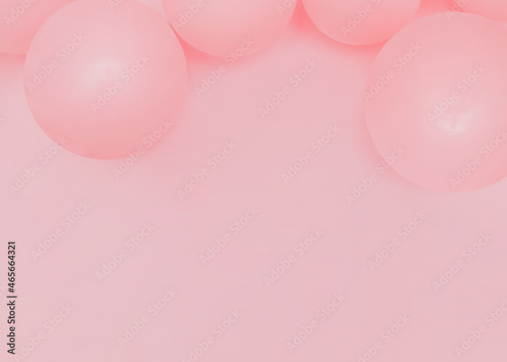 Balloons. Top view photo with copy space. Pastel decorative background with pink balls on light pink backdrop