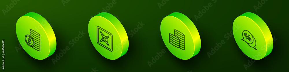 Set Isometric line Coin money with dollar, Safe, and Discount percent tag icon. Vector Set Isometric line Coin money with dollar, Safe, and Discount percent tag icon. Vector