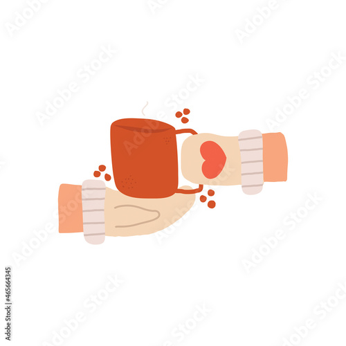 Female hands in warm mittens hold a mug of hot chocolate or coffee. Vector hand drawn illustration