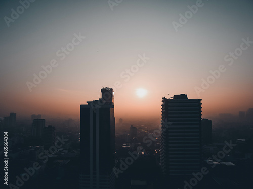 sunset over city in central of. Bangkok, Thailand.