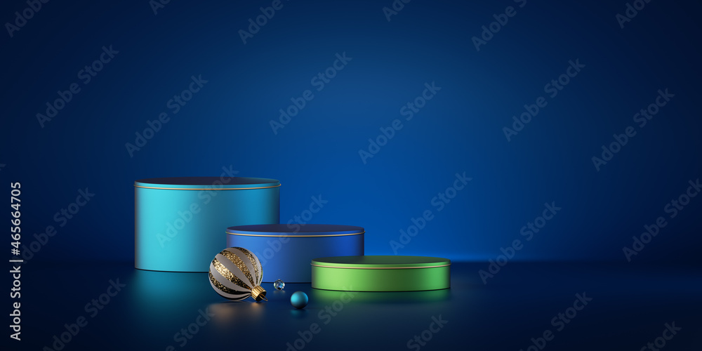 Blue background with empty podiums, pedestals or stage platform. Modern minimal showcase scene for product placement. Horizontal sale banner template. 3d render - obrazy, fototapety, plakaty 