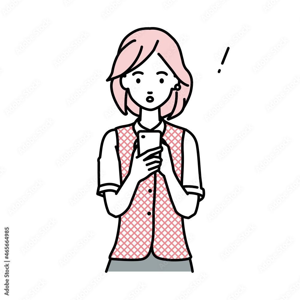 立ってスマートフォンを操作して何かに気づいて驚いた事務員制服の女性 立ってスマートフォンを操作して何かに気づいて驚いた事務員制服の女性