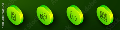 Set Isometric line Vending machine, Popcorn box and glass, Bowling pin ball and Shooting gallery icon. Vector