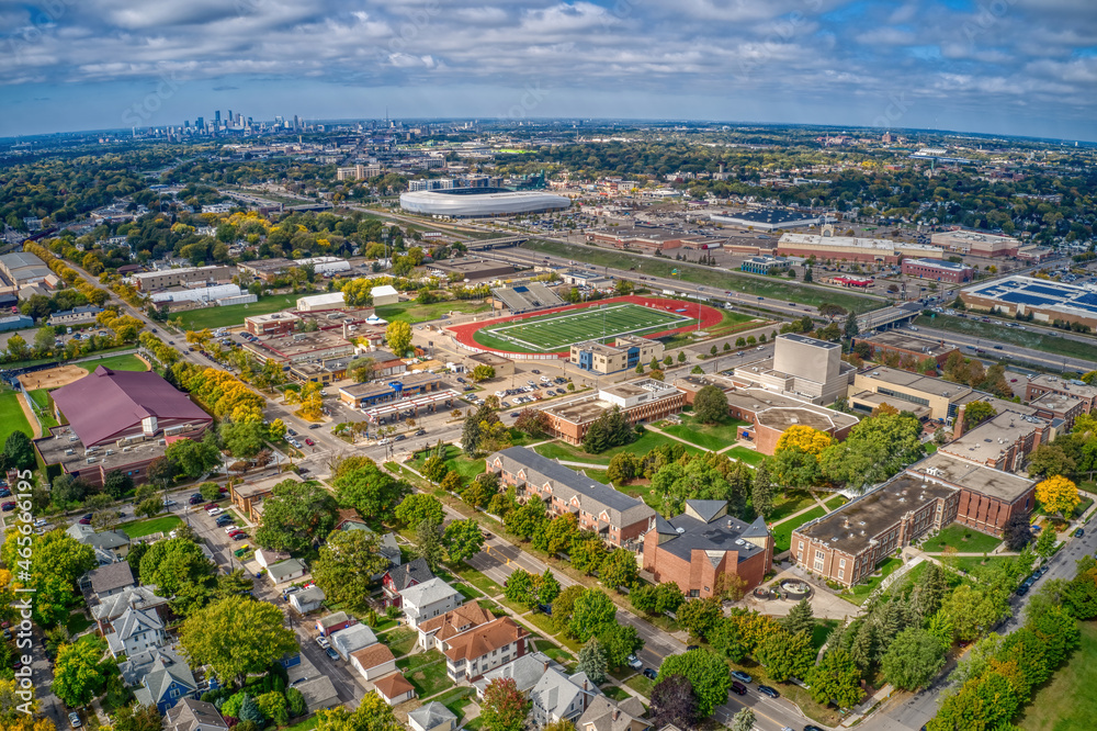 Aerial View of a private University in St. Paul, Minnesota during Autumn