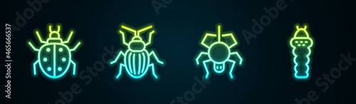 Set line Mite, Chafer beetle, Spider and Larva insect. Glowing neon icon. Vector