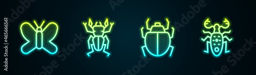 Set line Butterfly, Beetle deer, Mite and . Glowing neon icon. Vector
