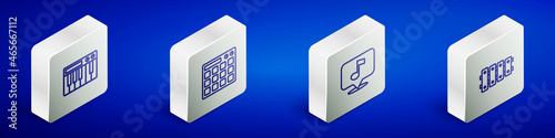 Set Isometric line Music synthesizer, Drum machine, Musical note and Xylophone icon. Vector