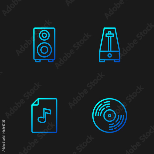 Set line Vinyl disk, Music book with note, Stereo speaker and Metronome pendulum. Gradient color icons. Vector