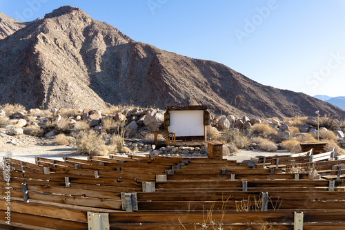 Borrego Springs, California, USA - August 6, 2021:Palm Canyon Campground amphitheater in Anza Borrego State Park. Wooden seating and stage