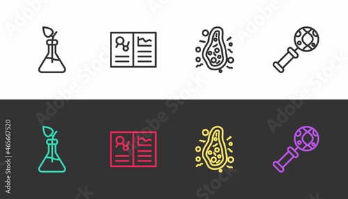 Set line Plant breeding, Clinical record, Bacteria and DNA research, search on black and white. Vector