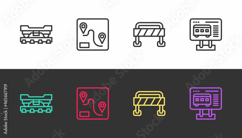 Set line Cargo train wagon, Route location, Road barrier and Ticket office to buy tickets on black and white. Vector