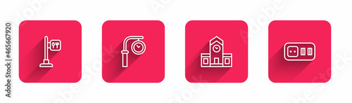 Set line Cafe and restaurant location, Train station clock, Railway and Electrical outlet with long shadow. Red square button. Vector