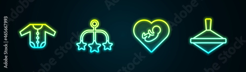 Set line Baby clothes, crib hanging toys, inside heart and Whirligig. Glowing neon icon. Vector