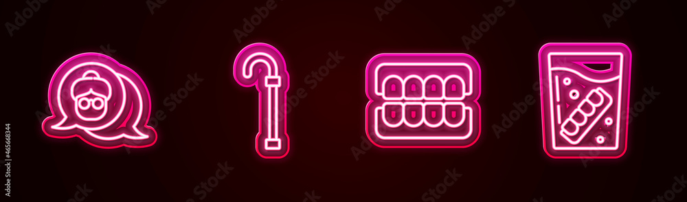 Set line Grandmother, Walking stick cane, False jaw and glass. Glowing neon icon. Vector