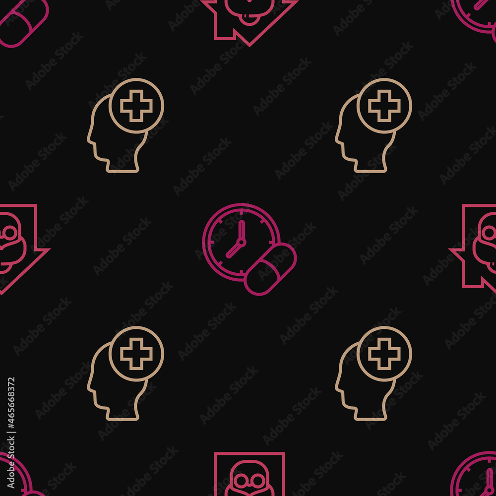 Set line Nursing home, Male head with hospital and Medicine pill or tablet on seamless pattern. Vector Set line Nursing home, Male head with hospital and Medicine pill or tablet on seamless pattern. Vector