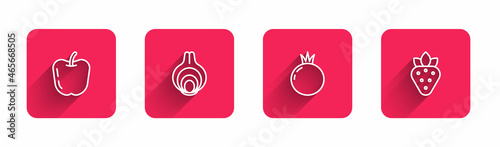 Set line Apple, Onion, Tomato and Strawberry with long shadow. Red square button. Vector