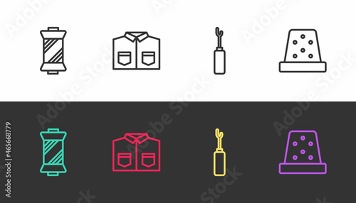 Set line Sewing thread on spool, Shirt, Awl tool and Thimble for sewing on black and white. Vector