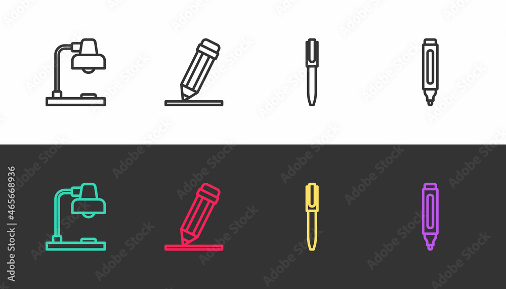Set line Table lamp, Pencil with eraser, and Marker pen on black and white. Vector Set line Table lamp, Pencil with eraser, and Marker pen on black and white. Vector