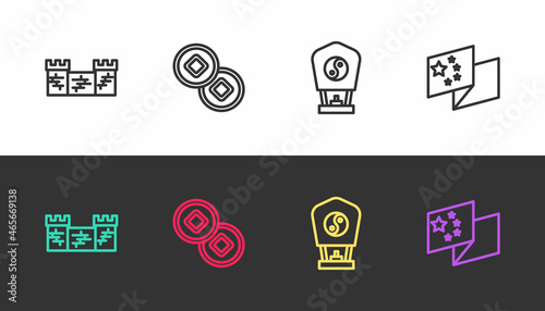 Set line Great wall of China, Chinese Yuan currency, paper lantern and flag on black and white. Vector