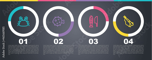 Set line Crab, Fish hedgehog, with sliced pieces and Fishing harpoon. Business infographic template. Vector