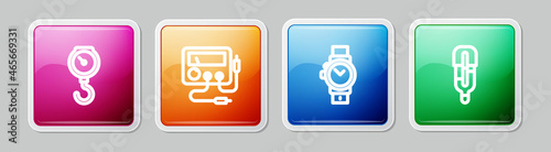 Set line Hand scale spring mechanical, Multimeter, voltmeter, Wrist watch and Medical thermometer. Colorful square button. Vector