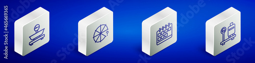 Set Isometric line Scales, Circle of pieces, Calendar and with suitcase icon. Vector
