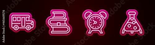 Set line School Bus, Book, Alarm clock and Test tube and flask. Glowing neon icon. Vector