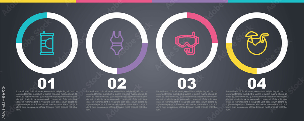 Set line Soda can, Swimsuit, Diving mask and Coconut cocktail. Business infographic template. Vector Set line Soda can, Swimsuit, Diving mask and Coconut cocktail. Business infographic template. Vector