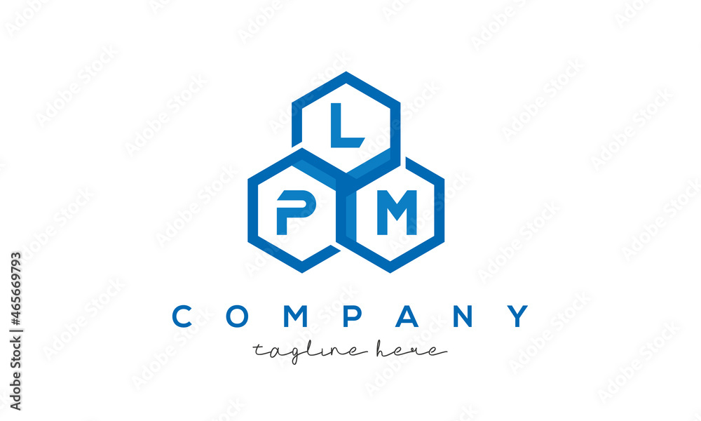 LPM letters design logo with three polygon hexagon logo vector template
