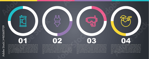 Set line Soda can, Swimsuit, Diving mask and Coconut cocktail. Business infographic template. Vector