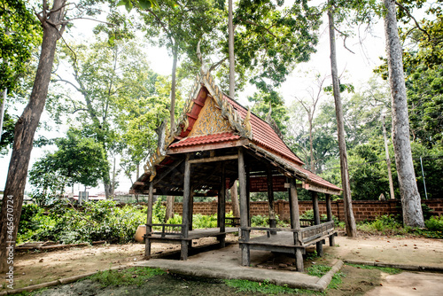 Ancient wooden pavilion at Wat Khanon A temple famous for showing the UNESCO award-winning Nang Yai in Ratchaburi  Thailand.