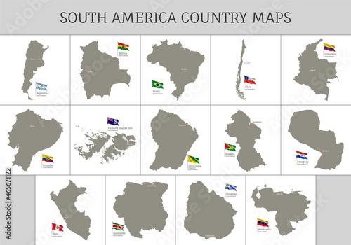 South America country maps with waving flags set. Highly detailed editable gray map silhouettes of South America countries vector illustration