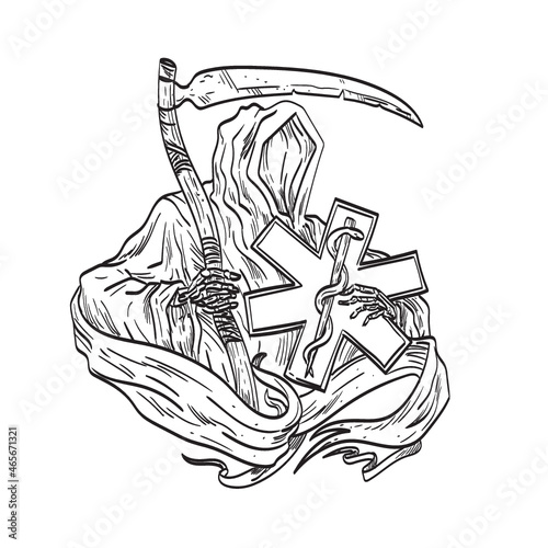 Drawing sketch style illustration of the grim reaper holding the EMS star of life the universal symbol of emergency medical care with scythe on isolated background in black and white tattoo style.