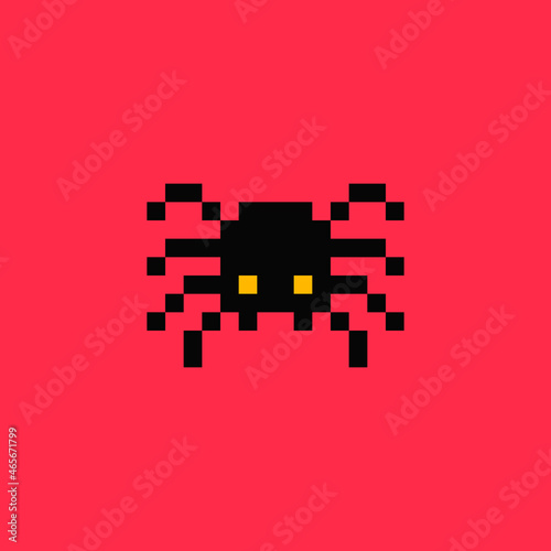 8 bit, pixel, spider, black, vector. Pixel art tarantula isolated on white background. Spooky halloween character. Retro vintage