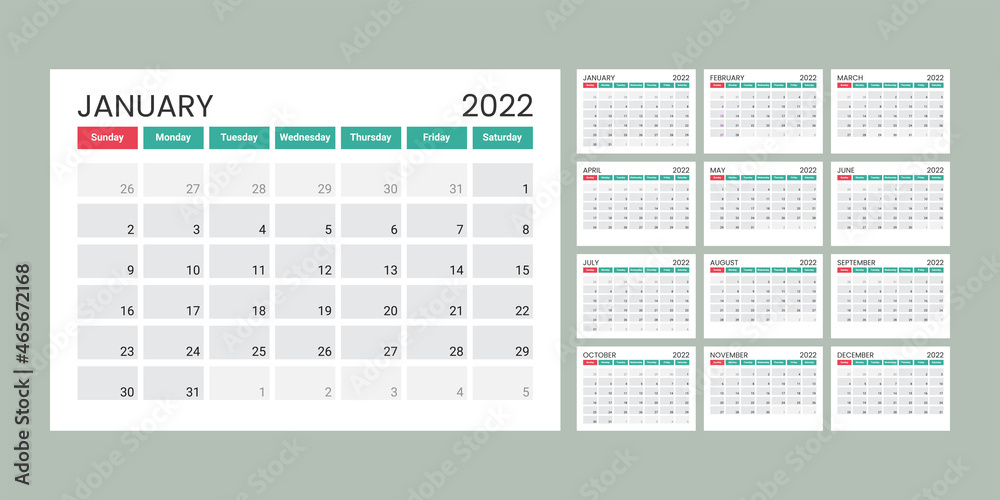Calendar template for 2022 year. Planner diary in a minimalist style. Corporate and business calendar. Calendar template for 2022 year. Planner diary in a minimalist style. Corporate and business calendar.
