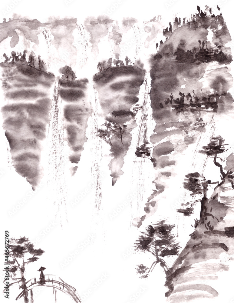 Obraz premium Mountain landscape with waterfall and pine trees in chinese style ink drawing
