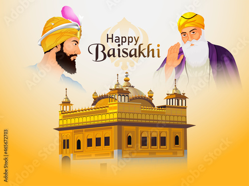 Happy vaisakhi background with illustration of guru gobind singh and guru nanak dev ji and golden temple