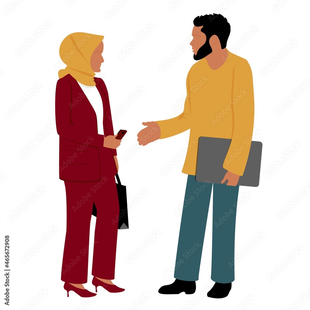 Muslim businesswoman in hijab talking to a businessman. Working talk negotiations. Office clerk, career and education. Flat isolated vector illustration.