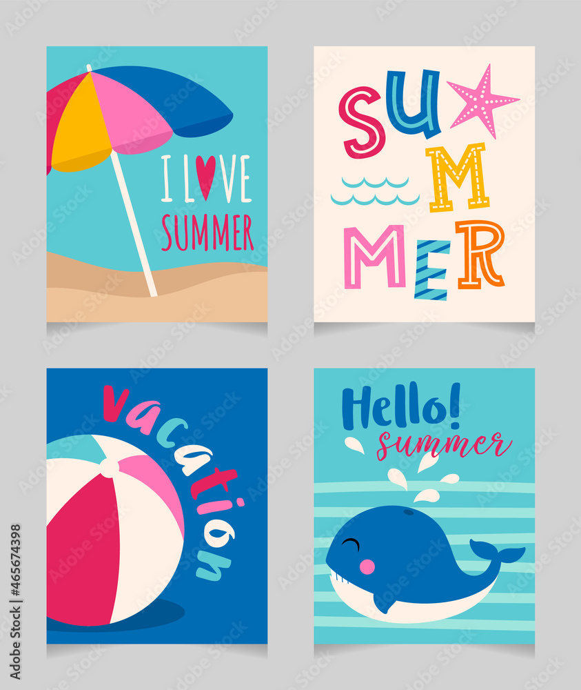 Set of summer holidays illustration for greeting card, invitation card, banner, poster, badge, sign or flyer.