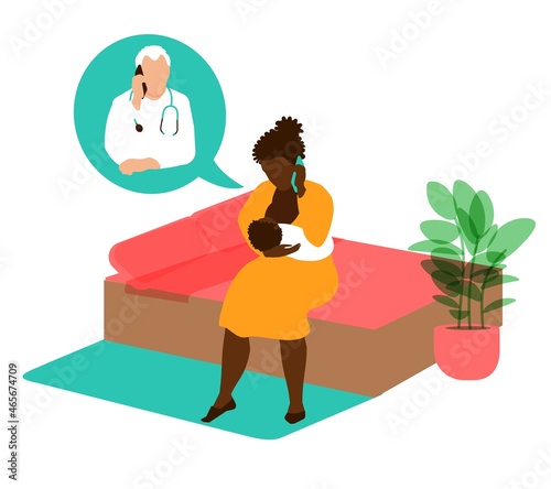 Pediatric Support Hotline. A woman with a newborn baby calls a pediatrician doctor over the phone for help. Helping mothers in the postpartum period. Vector illustration EPS10