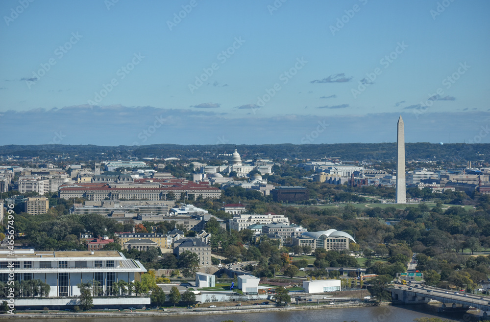 Washington, DC, USA - October 27, 2021: Aerial View of the Washington, DC Skyline, as Seen from a Skyscraper in Arlington, VA, on a Clear, Sunny Fall Afternoon