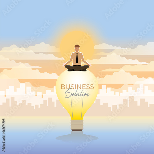 Businessman, employee, meditating on a large light bulb. Thinking and use idea of solution to solve business problem from the economic downturn, loss, epidemic. In early morning sunrise background.