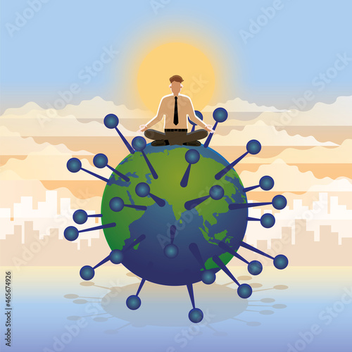 A businessman is meditating on a large Corona Virus COVID-19. Thinking and use idea of solution to solve business problems from economic downturn, loss, pandemic. In early morning sunrise background.
