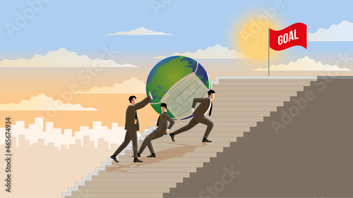 The Business partnership concept. The economic crisis by COVID-19 pandemic. Business owners carrying a huge problem with teamwork support and step up stairs to the top with the goal of victory flag.