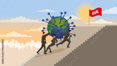 The Business partnership concept. The economic crisis by COVID-19 pandemic. Business owners carrying a huge problem with teamwork support and step up stairs to the top with the goal of victory flag.