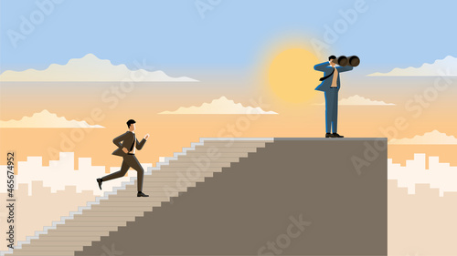 Business leader and successful concept. A visionary businessman uses binocular on the top of stairs and the follower runs and steps up. In early morning sunrise. Vision, ambition, motivation, success.