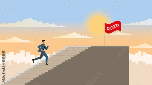 The business leadership concept. The first businessman runs and steps up to the top stair with the goal of a successful red flag. In early morning sunrise. Ambition, growth, achievement, motivation.