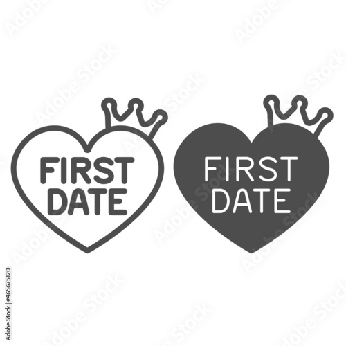Heart with crown and inscription first date line and solid icon, dating concept, romantic vector sign on white background, outline style icon for mobile concept and web design. Vector graphics.