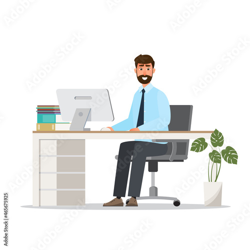 Office workplace with table, bookcase, computer